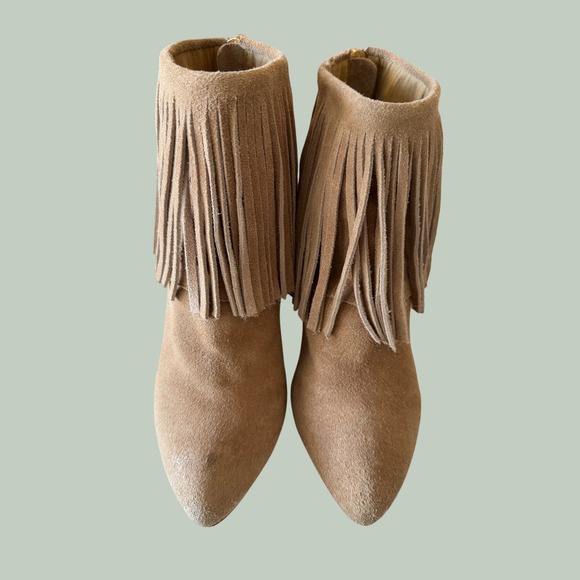 Chinese Laundry Shoes - Chinese Laundry Arctic Tan Suede Fringe‎ Wedge Booties Pointed Toe Size 6.5